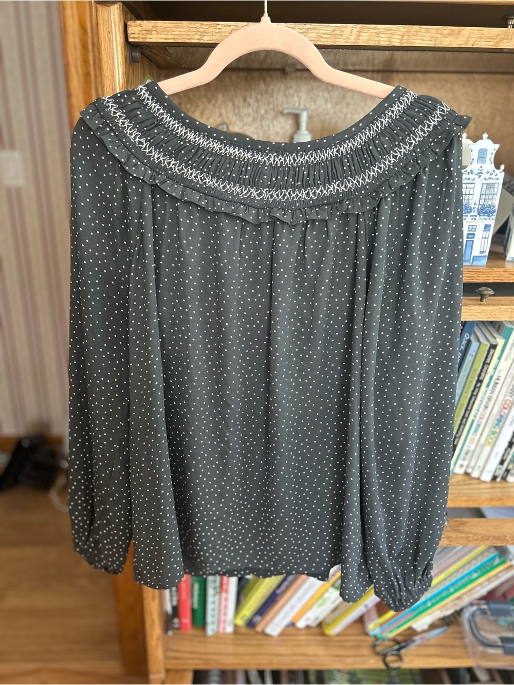 Anne Taylor Loft Grey Polka Dot Smocked Neck Blouse